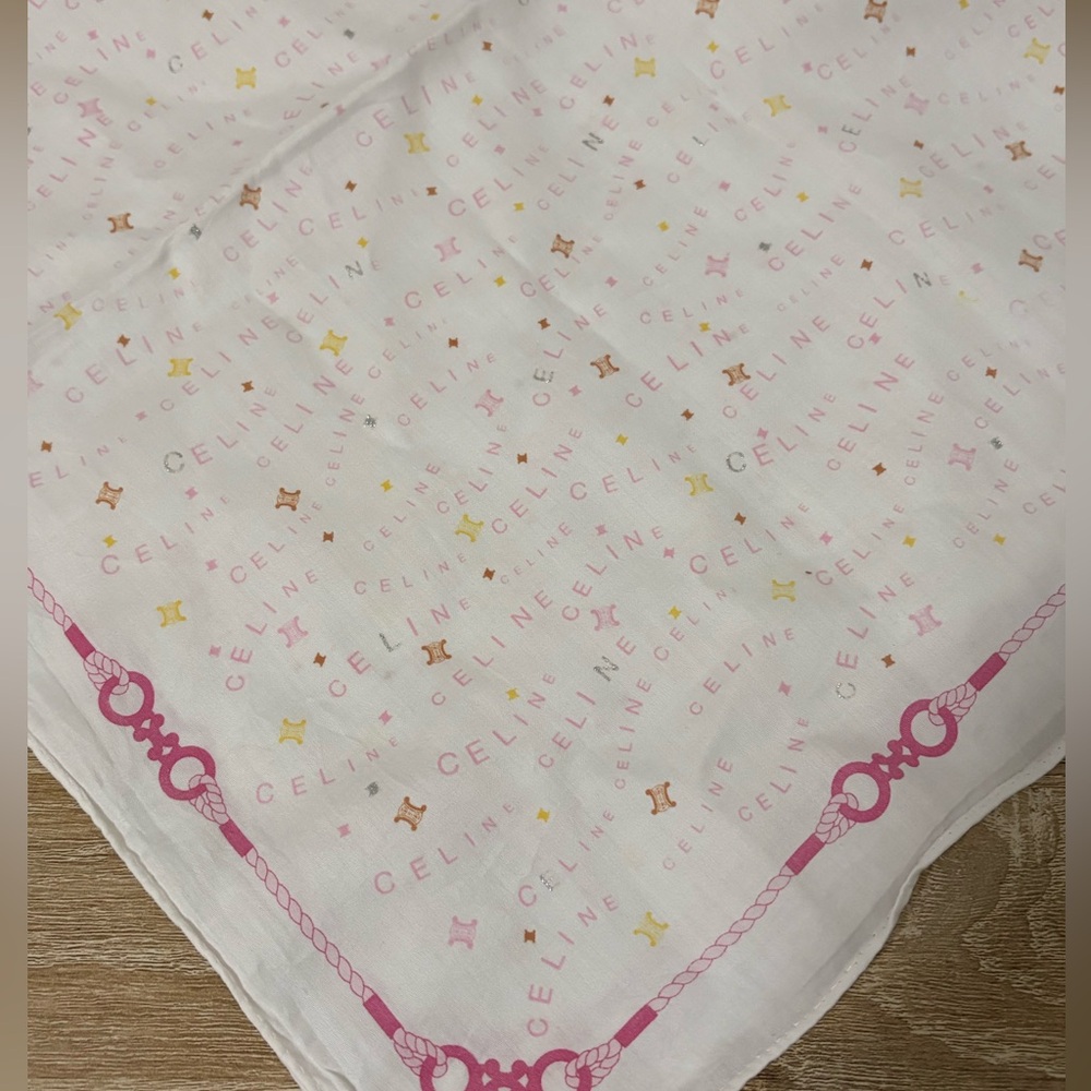 Celine Logo Scarf Pocket Square 18x18 Pink White Cotton Designer Luxury Gift - Picture 4 of 6